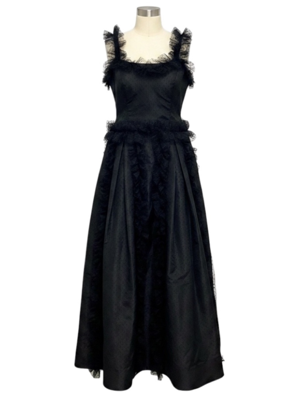 NINA RICCI VINTAGE BLACK DOT PATTERNED MESH TULLE AND TAFFETA GOWN